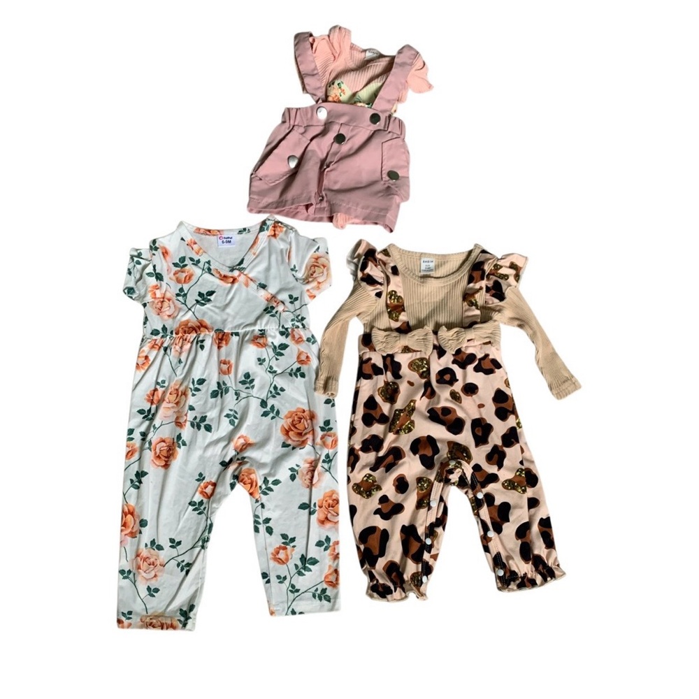 SHEIN Kids Floral and Leopard Romper Trio Size 6-9 M